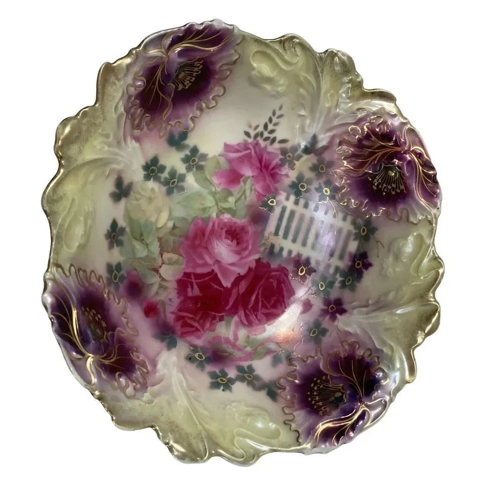 Antique‎ 10.5” Bowl A F S P Roses Scalloped Center Bowl Gold Pink Green Purple